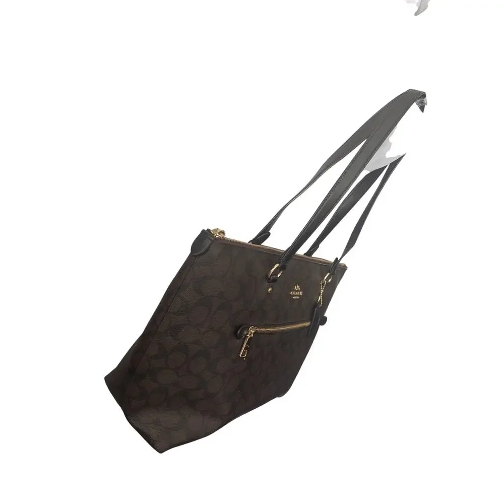 Coach Brown Signature Canvas Tote with Black Handles and Gold Hardware